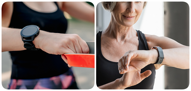 collage of a woman using OmniWatch while exercising